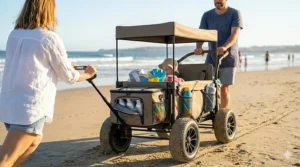 Illustration demonstrating the ergonomic dual-handle system for pushing or pulling a stroller wagon on uneven terrain.