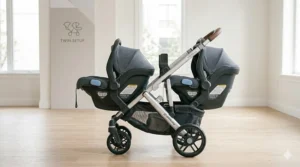 Illustration of a side-by-side double stroller using two car seat adapters for twins.