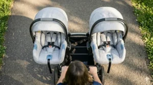 Top-down view of a side-by-side double stroller travel system featuring two infant carriers.