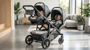 A side-by-side twin stroller frame compatible with two infant car seats for newborns.
