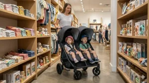 A parent effortlessly handles the slim black and grey side-by-side double stroller as it executes a tight turn around a sharp corner within a narrow, neatly stocked children's boutique aisle, highlighting its precise maneuvering capabilities.