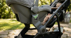 Close-up illustration of an infant car seat locking into a double stroller adapter with a green checkmark indicating a secure connection.