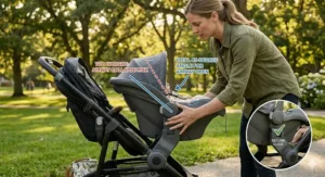 Side profile illustration showing the correct 45-degree recline angle for infant car seats in a double stroller to prevent airway obstruction.
