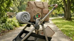 Illustration highlighting the secure click-in locking system for a car seat on a double stroller frame.