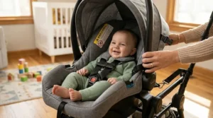 Close-up of the safety straps used to secure car seats onto a double snap and go stroller frame.