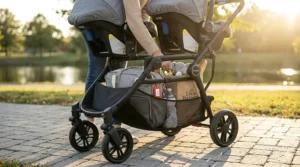 Under-seat extra large storage basket on a double snap and go stroller holding a diaper bag and groceries.