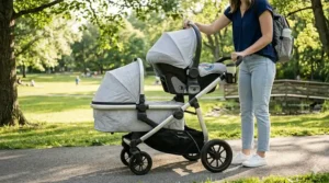 Diagram of a tandem double stroller travel system with one car seat positioned above the other.