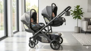 A slim tandem twin car seat stroller combo showing one infant seat positioned behind the other.