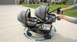 Overhead diagram showing the tight turning radius of a maneuverable twin car seat stroller system.