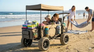 An illustration of a two-seater wagon stroller configured with snacks and beach gear for a family outing.