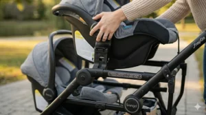 Illustration showing how various infant car seat brands snap into the universal double stroller frame.