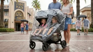 A photorealistic illustration showing a clear waterproof rain cover covering the modern double stroller with two children inside, parked on wet pavement at Universal Studios.
