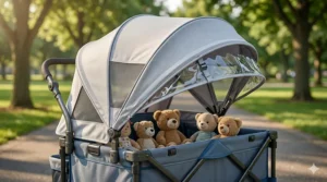 A wagon stroller for 4 kids featuring an adjustable UV-protection canopy and removable mesh sides.