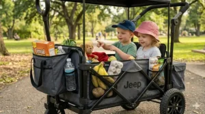 A close-up view of the Jeep wagon stroller in a sunlit park, heavily loaded with diverse groceries and produce filling its external storage bins and bags, emphasizing high cargo capacity as the older boy and girl sit contently inside, surrounded by their supplies.