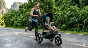A photorealistic action shot of a parent jogging on a paved road with a high-performance 3 wheel jogging stroller.
