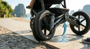 Technical illustration of the heavy-duty rear suspension and shock absorbers on an all-terrain 3 wheel stroller.