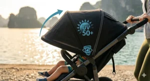 Side view of a 3 wheel stroller featuring an extended UV 50+ protection canopy with a peek-a-boo window.