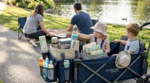 Close up of storage compartments and cup holders on a budget-friendly wagon stroller.