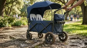 Close-up of heavy-duty, shock-absorbing wheels on a foldable wagon stroller navigating over sandy beach terrain.