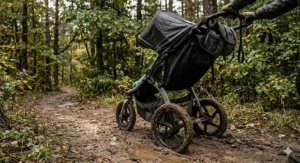 Parents pushing an all-terrain stroller through a muddy forest trail showing off-road capability.