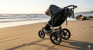 A durable all-terrain stroller being pushed easily across a sandy beach near the ocean waves.