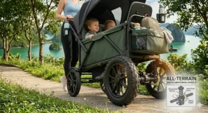 Detailed illustration of heavy-duty shock-absorbing wheels on a push wagon stroller.