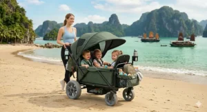 Illustration of a push wagon stroller being used on sand with wide beach wheels.