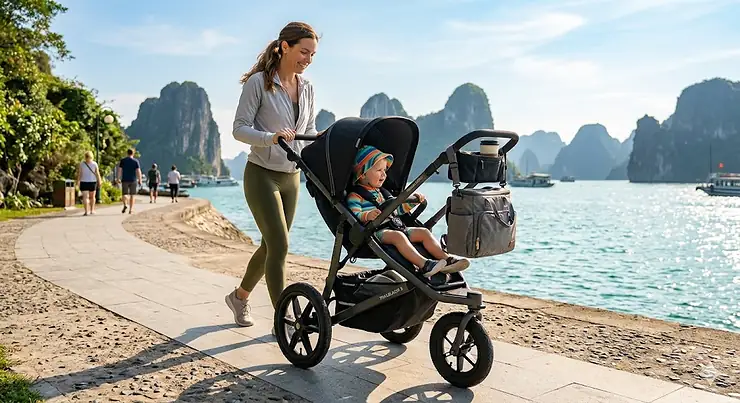 A photorealistic 4K image of a parent pushing a detailed 3 wheel all terrain stroller along a sunlit coastal path near Ha Long Bay, with a toddler seated inside. 3 wheel stroller