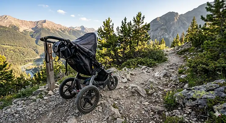A high-performance all-terrain stroller with large air-filled tires parked on a rocky mountain path during a family hike. all terrain stroller