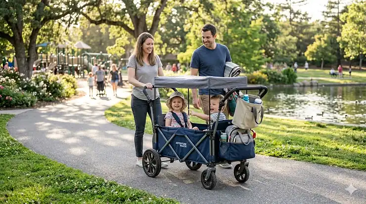 A family using an affordable navy blue wagon stroller for two toddlers at a local park. cheap wagon stroller