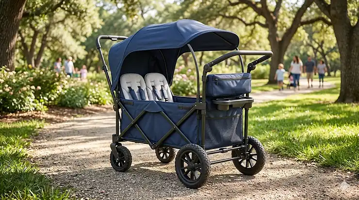 A premium navy blue foldable wagon stroller with a canopy parked on a grassy park path, showing off its spacious interior and rugged wheels.