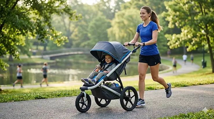 A parent running on a paved park trail with the best jogging stroller featuring large air-filled tires and a locked front wheel.