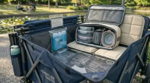A lightweight, affordable wagon stroller being pulled across a sandy beach with beach gear.