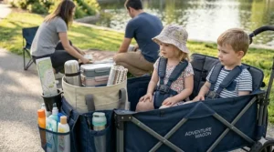 Interior view of a value-priced wagon stroller showing two 5-point safety harnesses for infants.