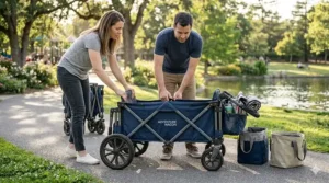 A compact, foldable cheap wagon stroller being tucked into a small car trunk.