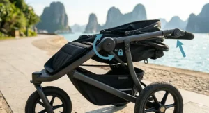Detailed illustration of a 3 wheel stroller in a partially folded position, highlighting its compact storage design.