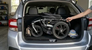 A lightweight all-terrain stroller folded compactly to fit into the trunk of a small SUV.