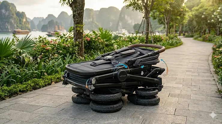 Illustration demonstrating the easy one-step folding process of a luxury wagon stroller for travel.