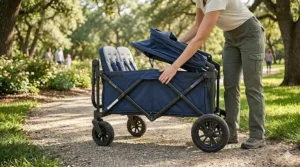 Illustration demonstrating the easy one-step folding mechanism of a gray wagon stroller into a compact flat position.