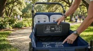 Interior view of a foldable wagon stroller showing plush padded seats and deep footwell for maximum passenger comfort.