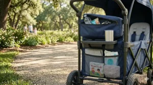 Illustration of the rear storage basket and parent cup holders attached to a black foldable wagon stroller.