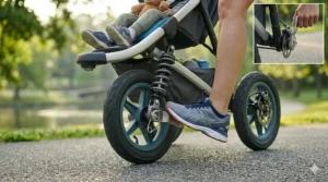Illustration comparing a hand-operated deceleration brake and a foot-activated parking brake on a jogging stroller.