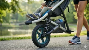 Close-up illustration of an adjustable suspension system on a high-end jogging stroller for smooth off-road use.
