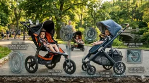 Diagram showing how a jogging stroller’s front wheel locks for stability at high speeds unlike the 360-degree swivel on a regular stroller.