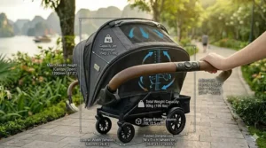 Technical drawing showing the height, width, and weight capacity limits of a luxury wagon stroller.