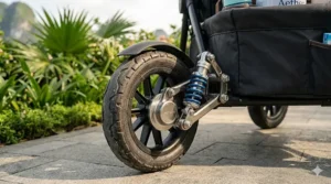 Detailed view of shock-absorbing all-terrain wheels on a high-end wagon stroller.