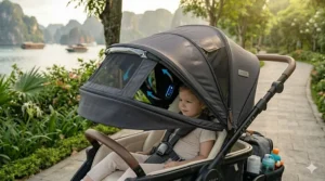 A luxury wagon stroller equipped with a UPF 50+ sun canopy and integrated rain shield.