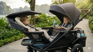 Illustration showing the adjustable reclining seats for two toddlers in a luxury wagon stroller.