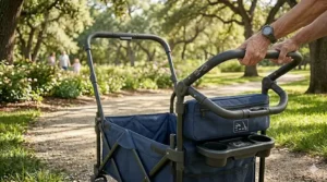 Diagram showing the adjustable telescoping pull handle and the ergonomic push bar on a versatile foldable wagon stroller.