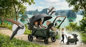 Comparison of the ergonomic push handle and traditional pull handle on a hybrid wagon stroller.